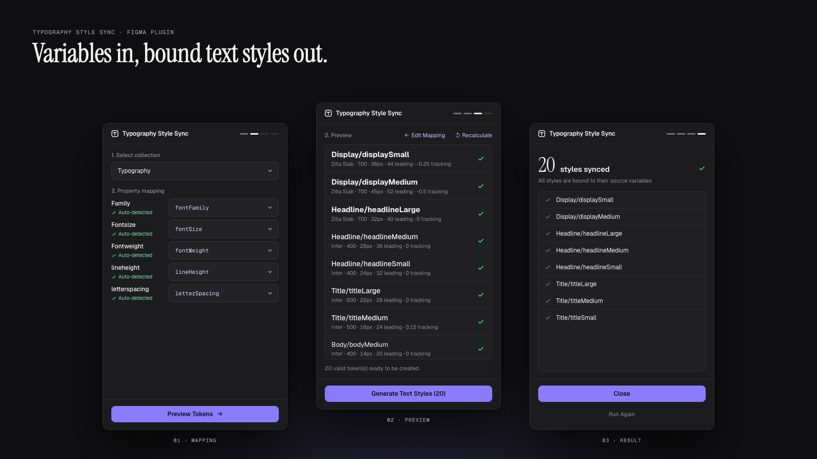Los tres pasos del plugin con la interfaz rediseñada: mapeo de propiedades con detección automática, previsualización con specimen y valores resueltos de cada estilo, y resultado con veinte estilos sincronizados